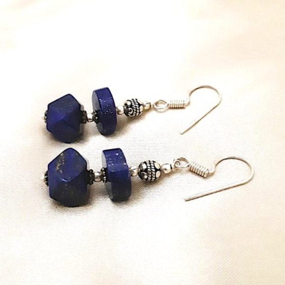 Genuine Blue Lapis Lazuli Dangled Earrings 925 Silver French Wire Pierced Ears - Picture 8 of 9
